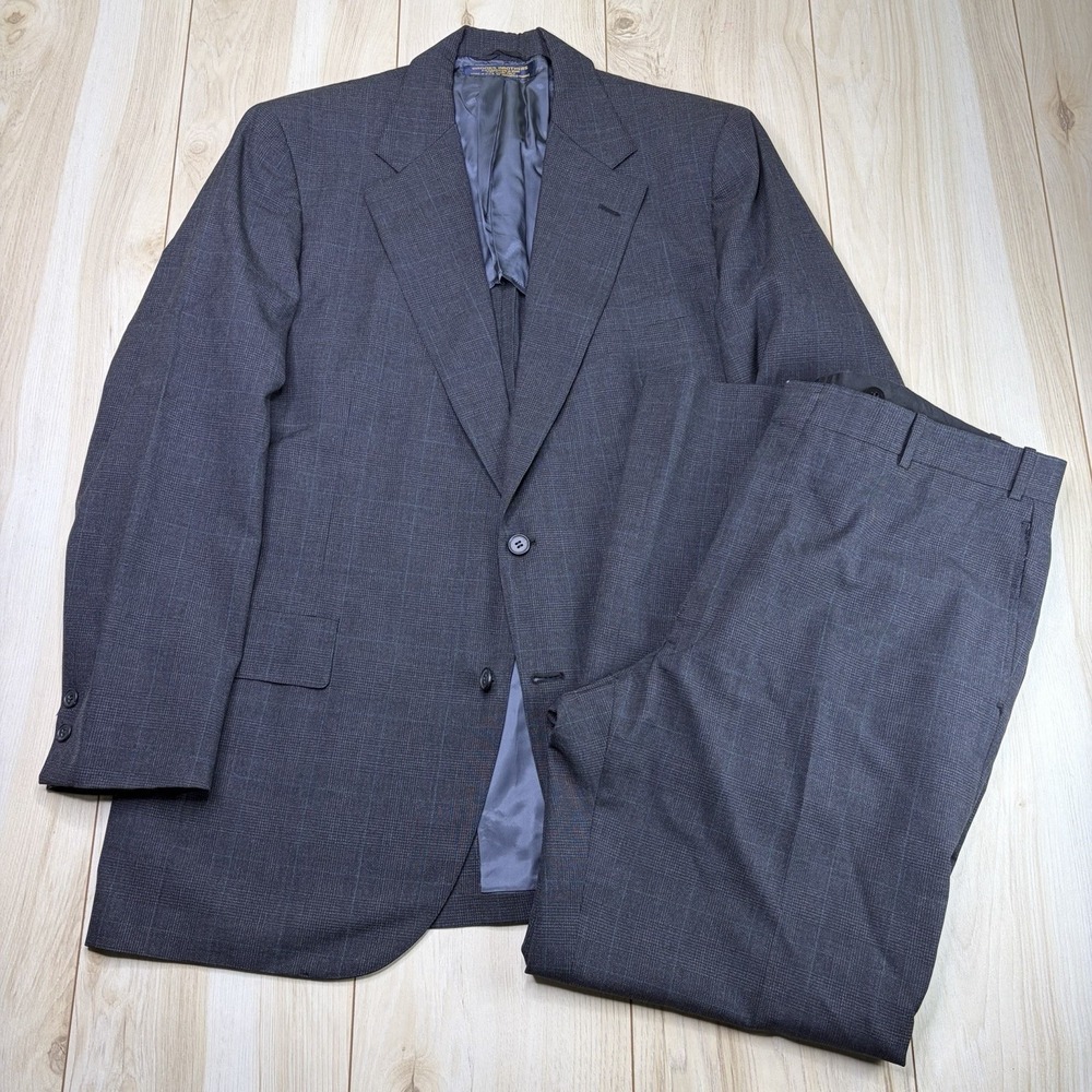 VTG 90's Brooks Brothers Gray Glen Plaid Windowpane Wool Suit Mens 44R 38x30